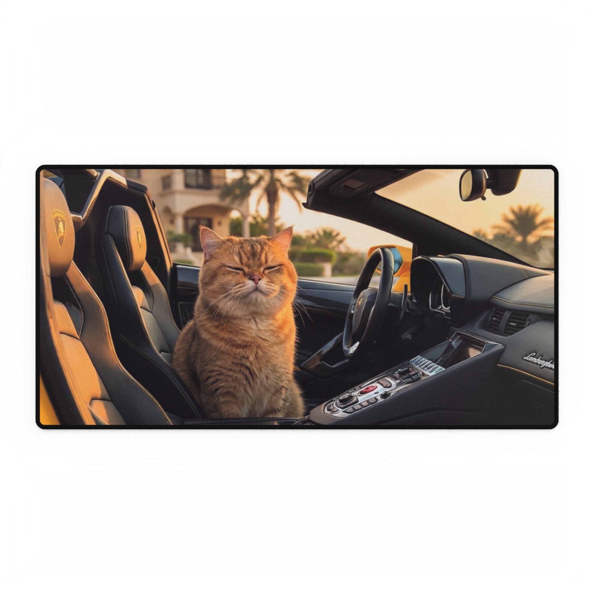 Luxury Cat in Sports Car Desk Mat — Cute Automotive Cat Mousepad for Office &amp; Gaming