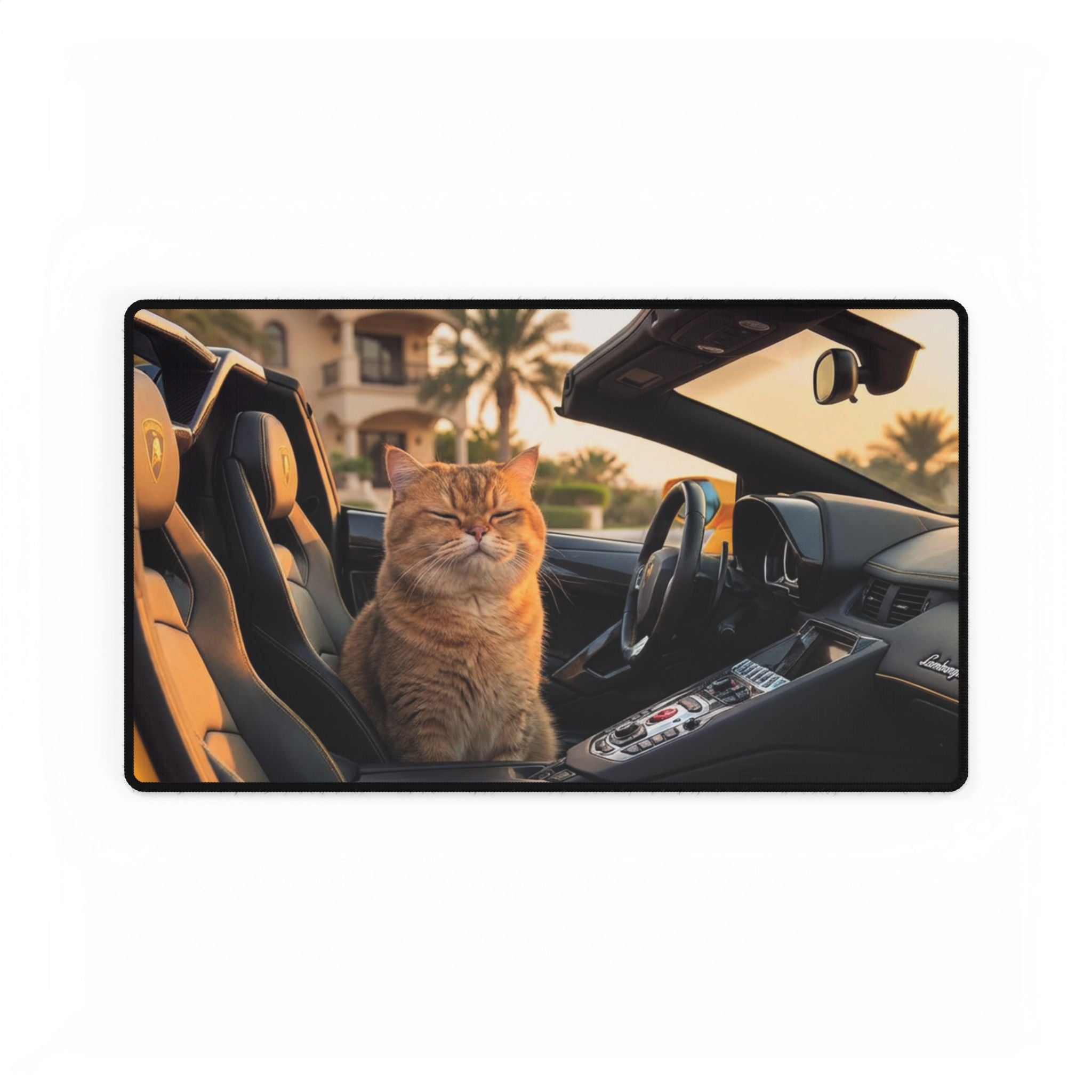 Luxury Cat in Sports Car Desk Mat — Cute Automotive Cat Mousepad for Office &amp; Gaming