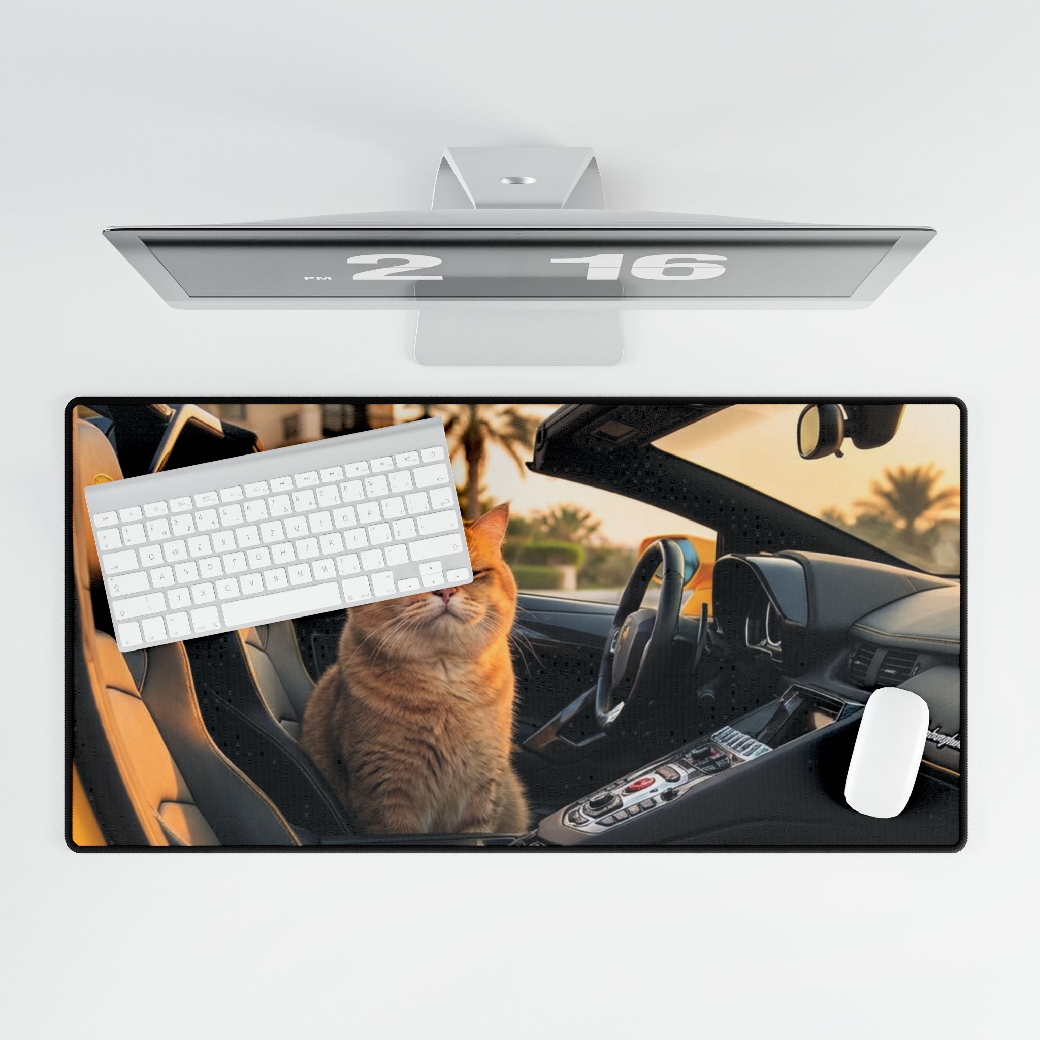 Luxury Cat in Sports Car Desk Mat — Cute Automotive Cat Mousepad for Office &amp; Gaming